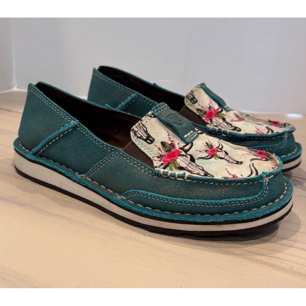 Ariat Cruiser Women 6B Turquoise Leather Bull Skull Floral Slip On 10024767